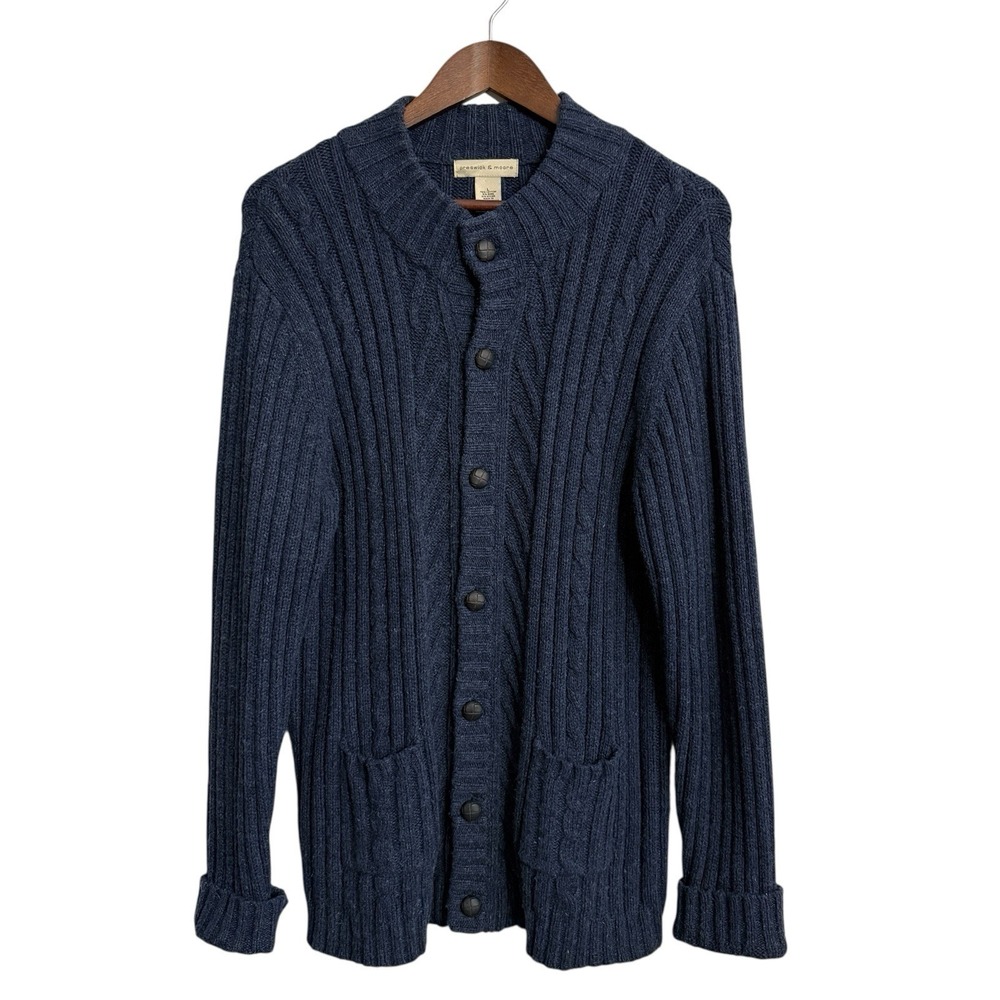 Preswick & Moore cardigan sweater mens large blue ribbed preppy academia grandpa